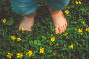 Baby feet on a field of green leaves and yellow flowers