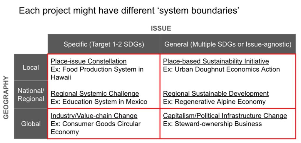 Systems boundaries that describe different scales of systems change, organized by specific or general issues, and local, national/regional, and global change.