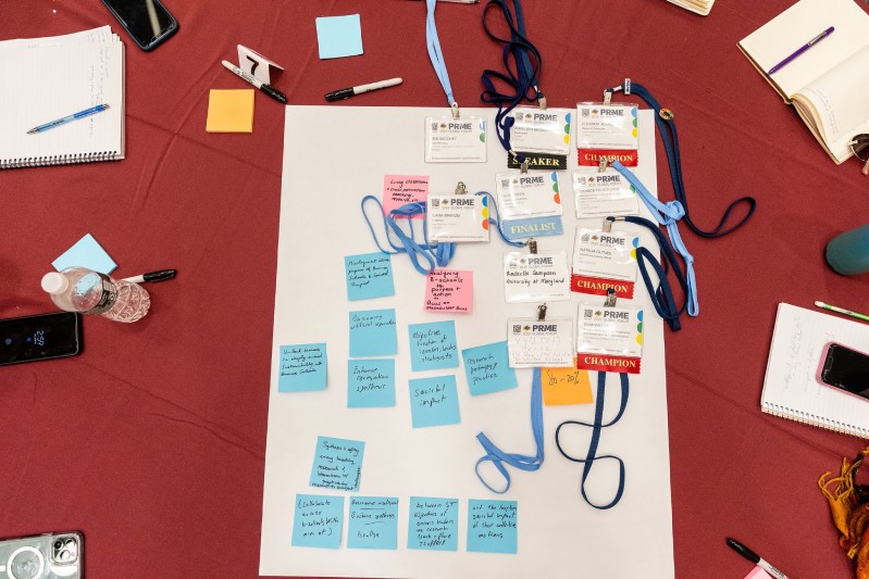 A white poster board with sticky notes, name cards, and lanyards at the workshop