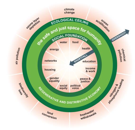 The doughnut shape represents the safe and just space for humanity. The outside rim is the ecological ceiling and the inside rim is the social foundation. Shortfalls are inside the doughnut while overshoots exceed it. The potential social foundation shortfalls are water, food, health, education, income & work, peace & justice, political voice, social equity, gender equality, housing, networks, and energy. The potential ecological ceiling overshoots are climate change, ocean acidification, chemical pollution, nitrogen & phosphorus loading, freshwater withdrawals, land conversion, biodiversity loss, air pollution, and ozone layer depletion.