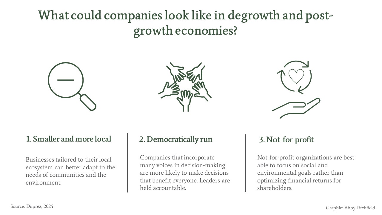 Companies in degrowth and post-growth economies would be smaller and more local, democratically run, and not-for-profit.