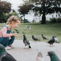 Little girl in park with birds