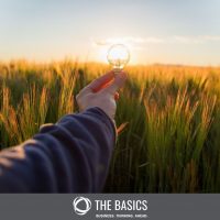 arm holding a lightbulb to the sun in a field of wheat